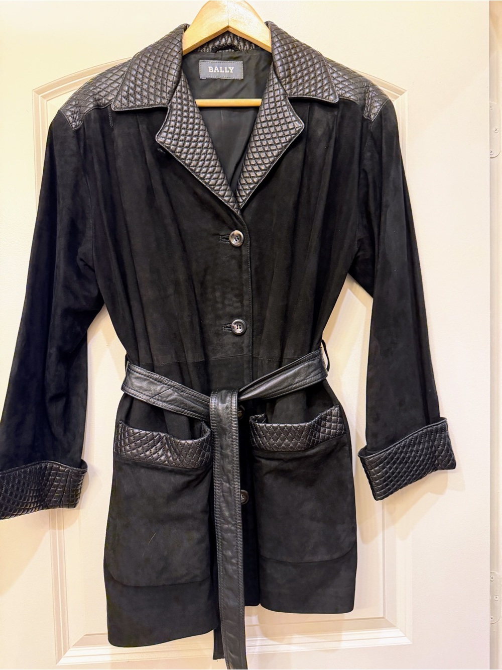 Vintage Bally Black Suede & Quilted Leather Belted Trench Coat Italy Size 4